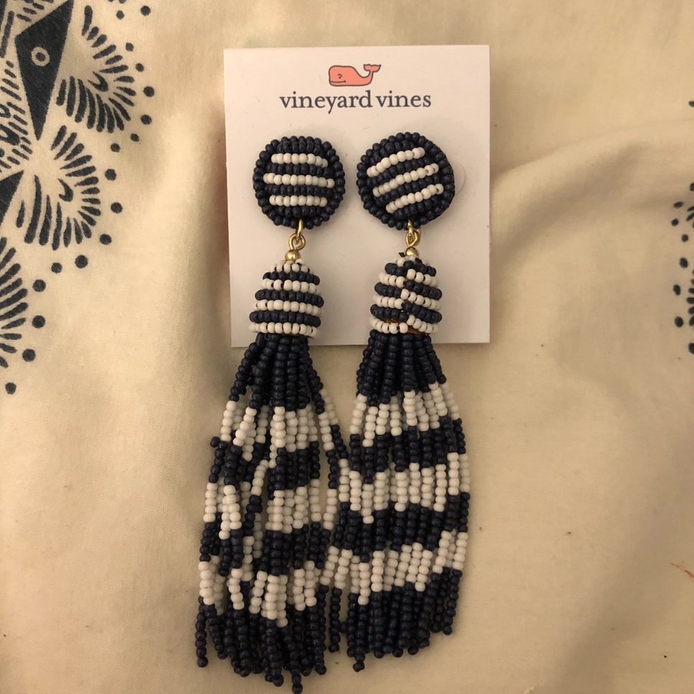 Vineyard vines Navy Beaded stripped tassel earring